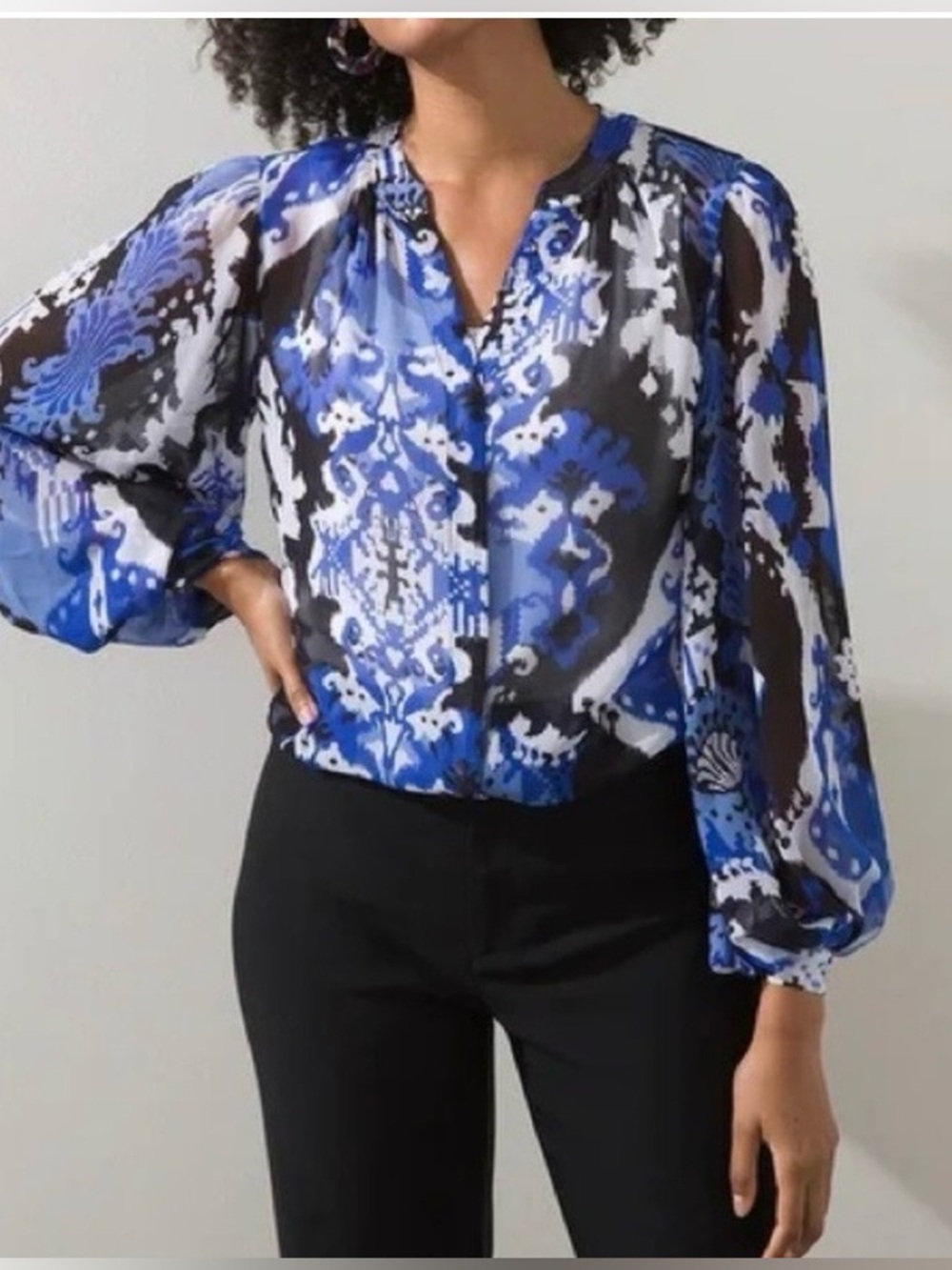 Chico's Blue and Black Printed Button-Front Blouse